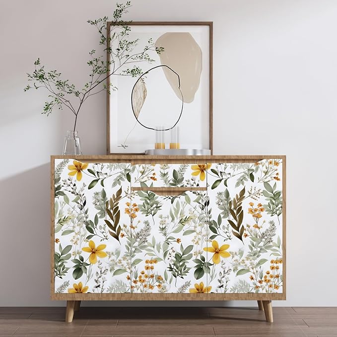 Laatse Green Leaf Wallpaper Peel and Stick, Vintage Yellow Floral Contact Paper 17.5" x 118", Self Adhesive Removable Waterproof Thick Vinyl Wall Paper for Bedroom Walls Shelf Cabinet Table Decor