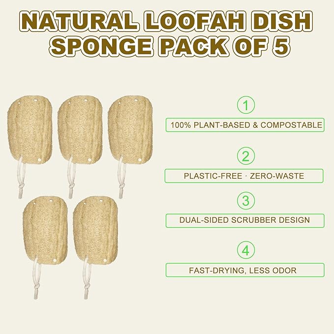 Natural Loofah Dish Sponges 5 Pack, Reusable Kitchen Scrubbers for Dishes, Pots and Pans, Non Scratch Plant-Based Scrubbing Pads for Dishwashing and Household Cleaning