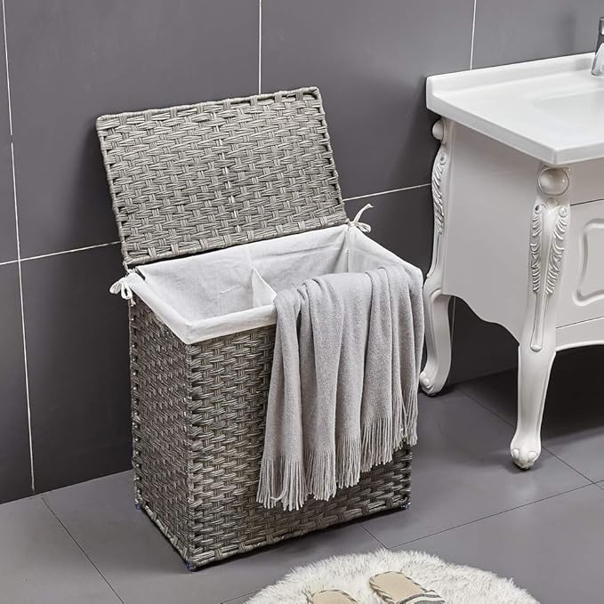 Mxfurhawa Slim Laundry Basket on Wheels, Heavy Duty Cotton Liner Laundry Storage Hamper with Handles, Collapsible Clothes Wire Basket Organizer Laundry Bag (01A)