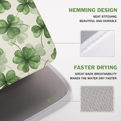 St Patrick's Day Green Clover Dish Drying Mat for Kitchen Counter Spring Holiday Watercolor Lucky Shamrock Drying Mat 16x18 Inch Absorbent Dish Drainer Mat Kitchen Accessories