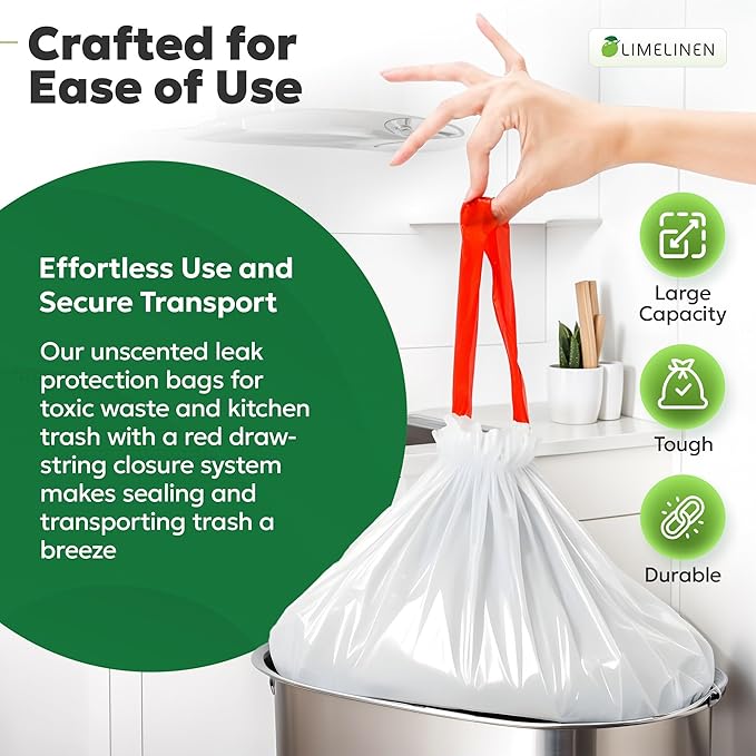 LIMELINEN Tall Kitchen Trash Bags with Drawstring, 200 Count, 13-gallon Trash Bag of 0.9 mil Thickness, Leak and Odor-Resistant, Heavy-Duty Plastic Garbage Bags for Home and Commercial Use
