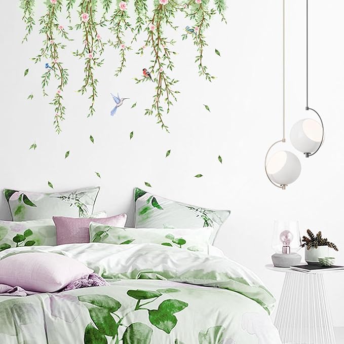 Hanging Vine Wall Decals with Birds Green Leaves Flowers Removable Peel and Stick Wall Stickers for Bedroom Living Room Nursery Bathroom Kitchen Home Decor DIY Forest Wall Art