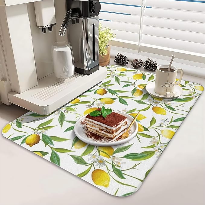 Dish Drying Mat for Kitchen Counter 2 Pack with Non-Slip Rubber Backing - Heat-Resistant Absorbent Coffee Bar Mat, Dish Rack Mat, Lemon Dish Drying Mats 18x24+19.5x12 inch