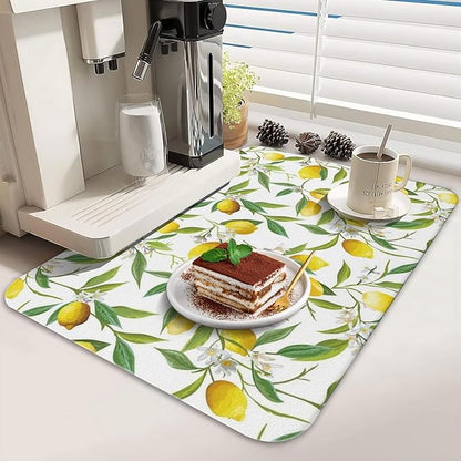 Dish Drying Mat for Kitchen Counter 2 Pack with Non-Slip Rubber Backing - Heat-Resistant Absorbent Coffee Bar Mat, Dish Rack Mat, Lemon Dish Drying Mats 18x24+19.5x12 inch