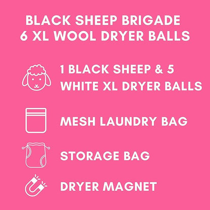 6-Pack XL Organic Wool Dryer Balls - 100% New Zealand Wool, Reuse for 1000 Loads, Fair Trade, Handmade in Nepal, Dryer Balls Laundry Reusable, Black Sheep Dryer Balls, Mesh Laundry Bag