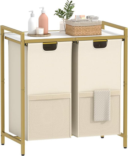 Laundry Hamper, double Laundry Basket, Laundry Sorter with Top Shelf & 2 Removable Washable Bags & Side Pockets for Laundry Room organization, Bathroom and Dorm, Gold and White