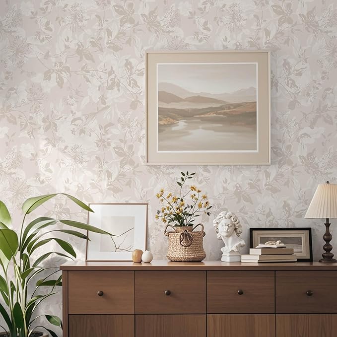 Heroad Beige Brown Wallpaper Floral Wallpaper Peel and Stick Boho Contact Paper Vintage Wall Paper Removable Self-Adhesive for Bedroom Cabinets Decoration Thicken Vinyl 17.3" x 197"