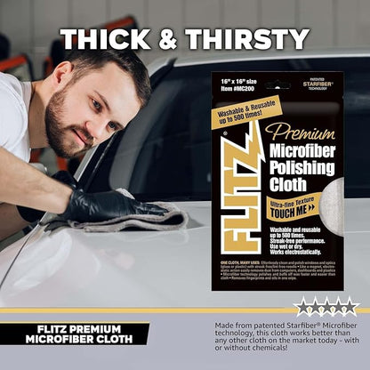 Flitz Premium Microfiber Polishing Cloth (400 GSM) - 16" x 16" USA-Made Grey Lint Free Microfiber Cleaning Cloth - Washable and Ultra Absorbent Micro Fiber Towel for Cars, Metals, & More (4 Pack)