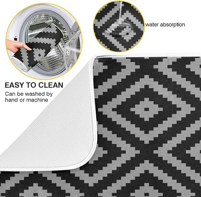 Super Absorbent Dish Drying Mat, Microfiber Fast-Drying Dish Mat, 24" x 18, Kitchen Dish Drying Pad, Black Moroccan Rhombus Plaid