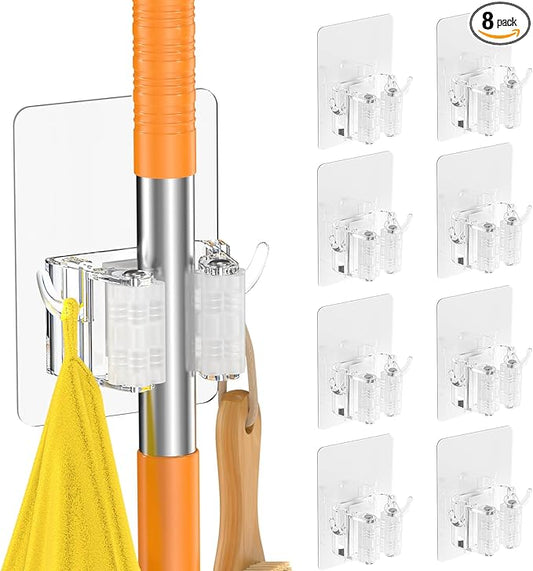 8 PackBroom Holder Wall Mount, New Version Adhesive Mop and Broom Holder Wall Mount, Super Anti-Slip Broom Hanger Mop Organizer Wall Hanging for Bathroom, Kitchen, Laundry Room