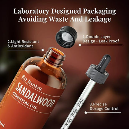 SU JUABA Sandalwood Oil 4 Fl Oz, 100% Natural Aromatherapy Oil for Diffuser,Skincare, Hair Care, DIY Fragrance, and Relaxation - 118ML