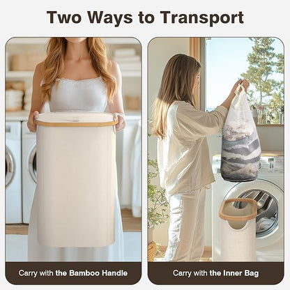 Slim Laundry Hamper with Lid, 60L Small Laundry Basket with Handles&Removable Bag, Thin Dirty Clothes Hampers for Laundry, Narrow Laundry Hampers for Bedroom Aesthetic, Beige