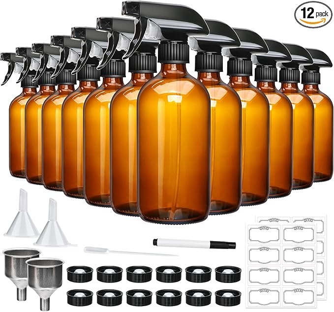 16oz Amber Glass Spray Bottles,Glass Spray Bottles for Cleaning,spray Bottle for Hair,Amber glass Spray Bottle for Window cleaner, plants, aromatherapy, facial hydration, hair care, flowers 12pcs