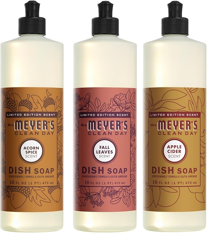 Mrs. MEYER'S CLEAN DAY Liquid Dish Soap 3 Pack Variety, Acorn Spice, Apple Cider, Fall Leaves, 16 OZ Each, 1 CT