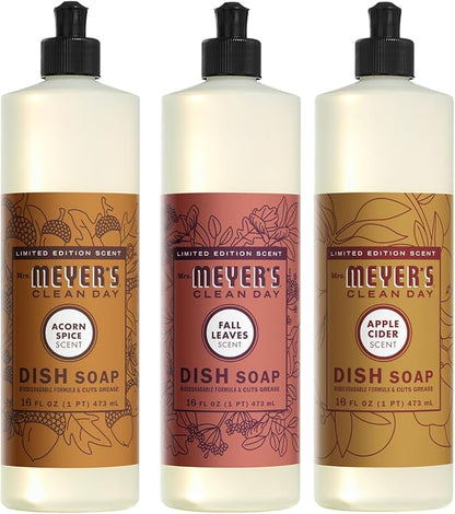 Mrs. MEYER'S CLEAN DAY Liquid Dish Soap 3 Pack Variety, Acorn Spice, Apple Cider, Fall Leaves, 16 OZ Each, 1 CT