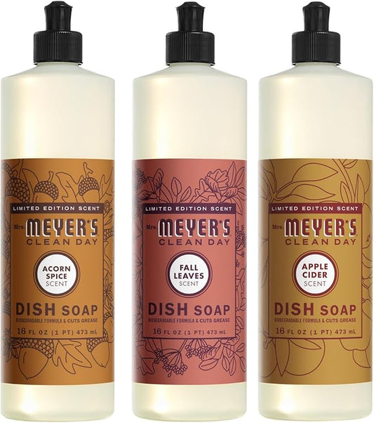 Mrs. MEYER'S CLEAN DAY Liquid Dish Soap 3 Pack Variety, Acorn Spice, Apple Cider, Fall Leaves, 16 OZ Each, 1 CT