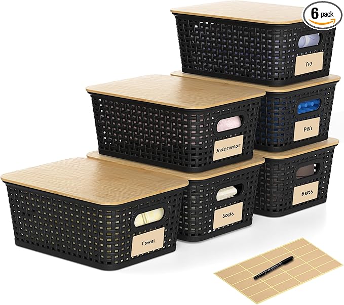 Plastic Storage Baskets with Bamboo Lids and Labels, Stackable Storage Containers, Storage Bins for Organizing Shelves Drawers Desktop Closets Office, 6 Packs-Black