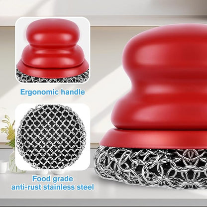 Onewly Cast Iron Scrubber and Scraper, Chain Mail Scrubber Cast Iron for Cleaning Dishes, Stock Pots, Pans, Griddles, Grills, Dish Scouring Pads