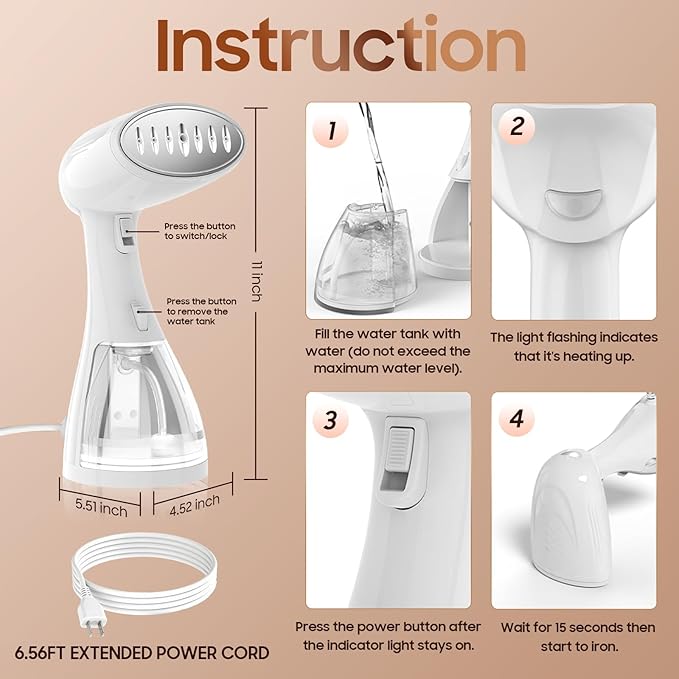 Handheld Travel Steamer for Clothes - 1350W Portable Clothes Steamer Hand Held, 15-Second Heat Up, Remove Wrinkles with Heat-Resistant Steam, Make Clothes Soft & Smooth