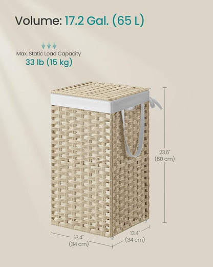 SONGMICS Laundry Hamper with Lid, 17.2 Gallon (65L) Synthetic Rattan Clothes Laundry Basket with Lid and Handles, Foldable, Removable Liner, Summer Sand ULCB165LZ01