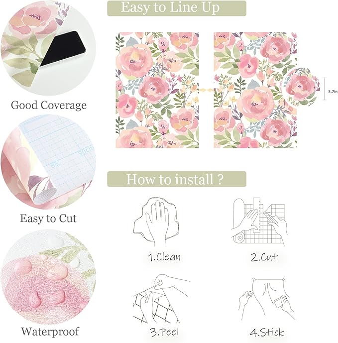 Orainege Floral Wallpaper Peel and Stick Wallpaper 16.9in x118.1in Peony Floral Contact Paper Removable Self Adhesive Wall Paper for Cabinets Walls Shelf Liner, Peachy