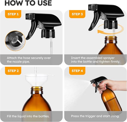 Tecohouse 2 Pack Amber 360° Glass Spray Bottles, 16 oz Empty Refillable Containers with Adjustable Spray Nozzles, Spray Bottles for Cleaning Solutions and Plants