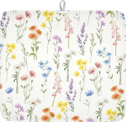 Spring Floral Dish Drying Mat for Kitchen Counter 16 x 18 Inch Colorful Flowers Dish Drainer Mat Absorbent Microfiber Dish Rack Pad for Summer Holiday Coffee Dining Bar Decor
