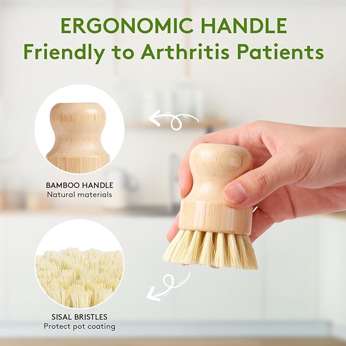4 Pack Bamboo Dish Brush, Dish Scrubber Brush with Sisal Bristle, Natural Scrub Brush for Kitchen Cleaning Dishes, Pots, Pans, Bottles, Vegetables