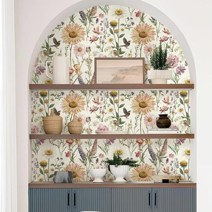 Livebor Floral Peel and Stick Wallpaper Floral Bird Contact Paper 16.9inch x 196.8inch Vintage Flower Wallpaper Peel and Stick Self Adhesive Flower Contact Paper Botanical Decor for Bathroom Vinyl