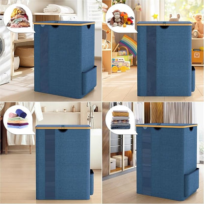 BlissTotes Laundry Basket with Lid, 150L Clothes Laundry Hamper with Handles and 2 Removable Laundry Bag, Breathable Design Hamper with Lid for Bedroom, Bathroom, Dorm, Laundry Room - Light Blue