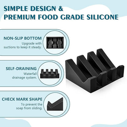 Soap Dish Holder for Shower with Suction Cup, Silicone Soap Holder & Saver Self-Draining Bar Soap Dish Keeps Soap Dry for Bathroom, Kitchen, Bathtub, Extends Soap Life (White+Black)-2Pack