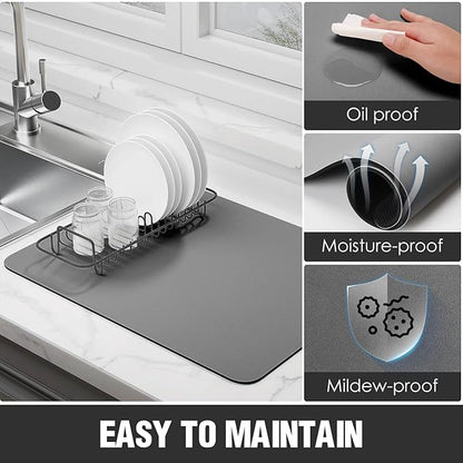 Dish Drying Mat for Kitchen Counter Super Absorbent Drainer Mats with Non-slip Rubber Backed Hide Stain Heat Resistant Easy to Clean Dish Rack Mat (Gray, S-14"x11")