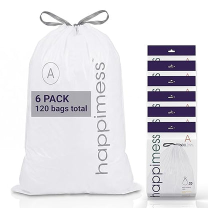 happimess 8 Gallon (30L) Drawstring Trash Bags, Unscented, White, Heavy Duty LDPE Liners for Kitchen and Household, Custom Fit 120 Count (6 Packs of 20 Liners) HPM3000A-W-6SET