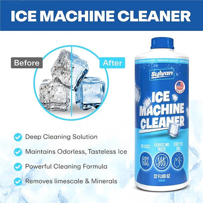 Sylvan Ice Machine Cleaner and Descaler | 32 oz (8 uses) | Free Cloth | Made in USA | Nickel Safe Ice Maker Cleaner and Descaler | Universal Compatibility for Commercial & Residential Ice Makers