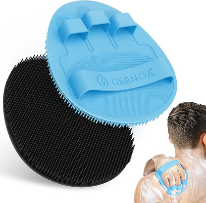 New Silicone Bath Glove with Straps, 360° Anti-Slip & Enlarged Exfoliating Body Scrubber for Rich Foaming Deep Cleaning, No-Grip & Hand-fit Shower Scrubber for All Skin Types(Black+Blue)