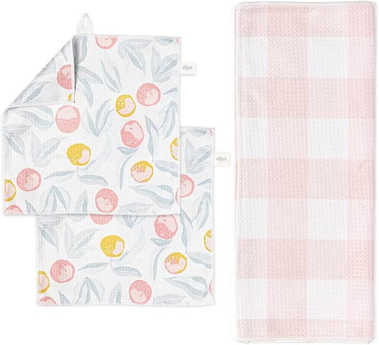 ELYN Microfiber Kitchen Dish Towel & Dish Cloth Set, Quick-Dry & Absorbent Waffle Weave Cleaning Cloths, Set of One Kitchen Towel & Two Washcloths, Paper Towels Alternative (Oranges & Gingham)
