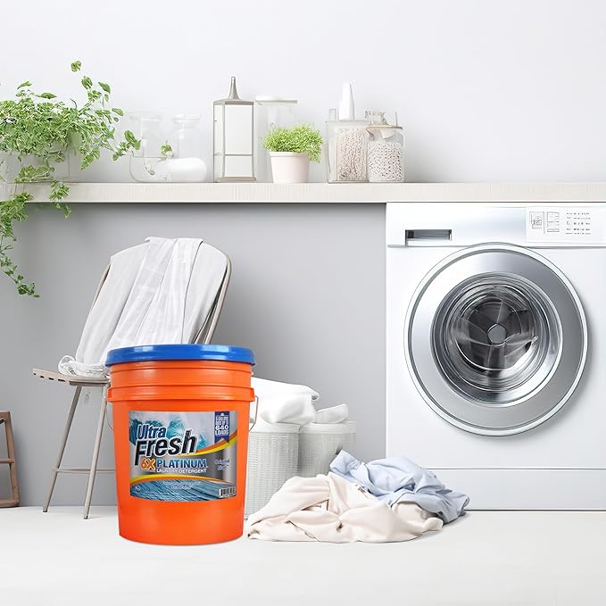 Ultra Fresh 6X Platinum Laundry Detergent, 5 Gallon, Bundled with Ultra Shine™ 3X Platinum™ Dishwashing Liquid and Pump, Up to 640 Loads, Orange/Blue