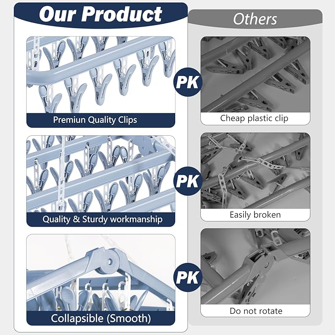 Aolloa Clothes Drying Rack with 32 Clothespins, Bule Foldable Hanging Drying Racks, 360° Rotatable Hook for Drying Towels Bras Baby Clothes Gloves Plastic, Clothes Drying Foldable-Bule