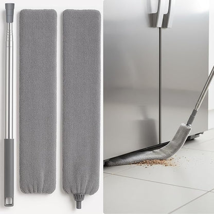 Flat Gap Dust Cleaner with Extendable Pole, Bafezoze Retractable Under Appliance Duster with 2 Washable Microfiber Pads, Slim Flexible Gap Mop for Cleaning Under Bed Sofa Cabinet Refrigerator Gray