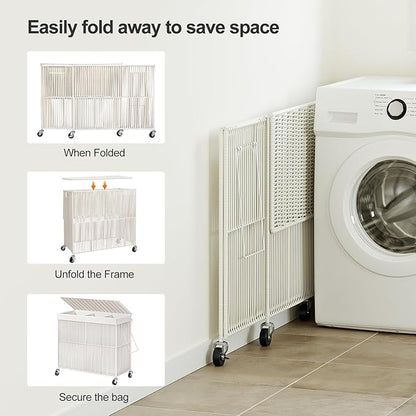 WOWLIVE Laundry Hamper with Wheels, 160L Handwoven Rolling Laundry Basket 3 Section with Lid, Clothes Hamper with 3 Removable Liner Bags, Large Laundry Sorter Laundry Room Organization, Creamy White