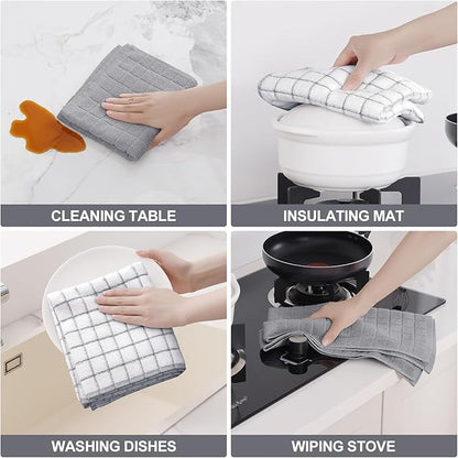 Homaxy Premium Cotton Kitchen Towels 16"x 28", Large Natural Ring Spun 390 GSM Dish Towels, Super Absorbent Terry Kitchen Hand Towels, Soft Tea Towels with Hanging Loop, Light Grey Check, 8 Pack