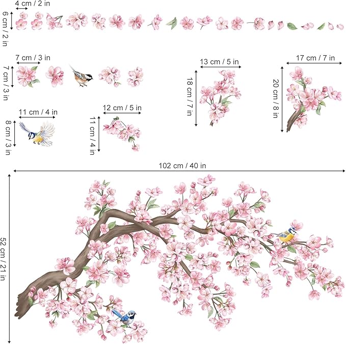 wondever Cherry Blossom Tree Branch Wall Stickers Pink Flower Floral Birds Peel and Stick Wall Art Decals for Bedroom Living Room Sofa