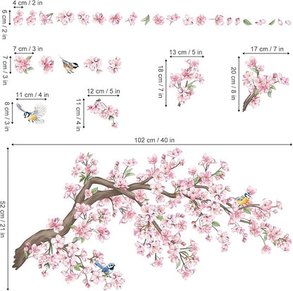 wondever Cherry Blossom Tree Branch Wall Stickers Pink Flower Floral Birds Peel and Stick Wall Art Decals for Bedroom Living Room Sofa
