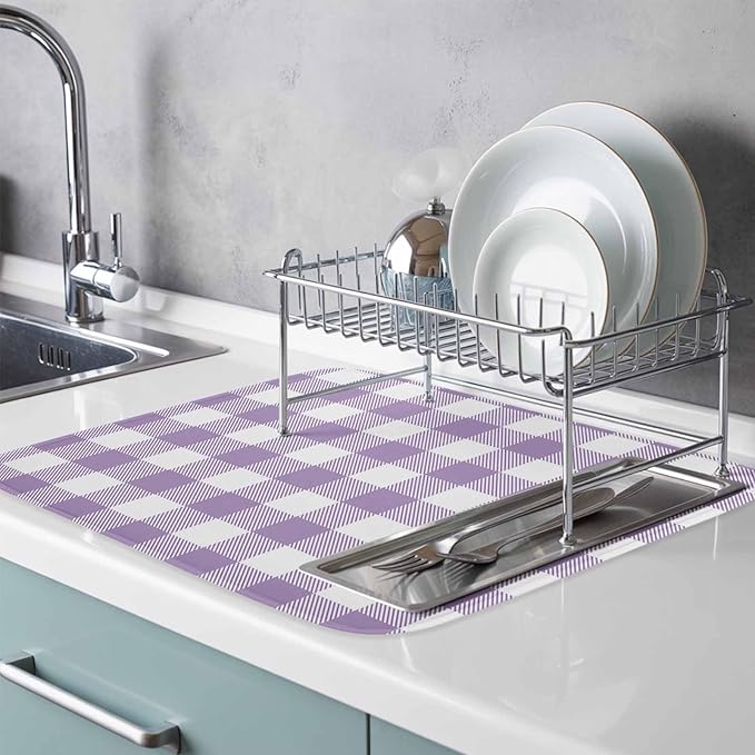 Dish Drying Mat Purple Buffalo Check Plaid Drying Mats for Kitchen Counter Farmhouse Style Absorbent Microfiber Dish Drainer Quick Drying Coffee Mat with Hanging Loop, 16 x18 inch
