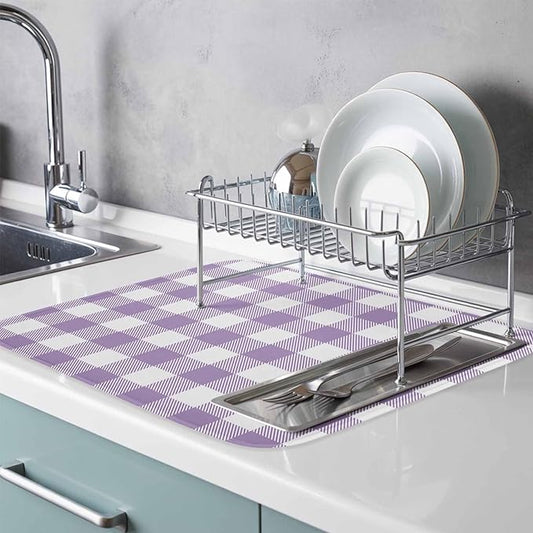 Dish Drying Mat Purple Buffalo Check Plaid Drying Mats for Kitchen Counter Farmhouse Style Absorbent Microfiber Dish Drainer Quick Drying Coffee Mat with Hanging Loop, 16 x18 inch