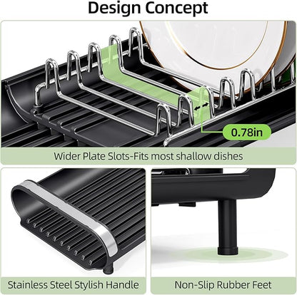 Small Dish Drying Rack, Mini Expandable Compact Dish Rack, Slim Extendable Stainless Steel Dish Drainer for Kitchen Plate Storage, Space Saving Dish Strainer in Sink or on Home Countertop, Matte Black