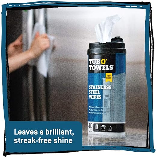 Tub O Towels Stainless Steel Appliance Cleaning Wipes - Clean, Polish, and Protect, 40-7” x 8” Wipes Per Tub, 2-Pack, White