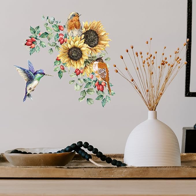 Sunflower Wall Stickers & Murals Bird Wall Decals Peel and Stick Yellow Flower Window Clings Watercolor Hummingbird Art Decor Wall Clings Kitchen Cabinet Decals for Bathroom Toilet Tank Girls Bedroom