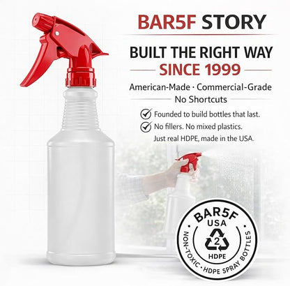 Bar5F Spray Bottles, 16 Oz, 4 Pack, Chemical-Resistant HDPE, BPA-Free, Non-Toxic, Red Trigger Sprayers, Refillable Empty Sprayer Bottle for Cleaning Solutions, Vinegar, Alcohol, Made in USA