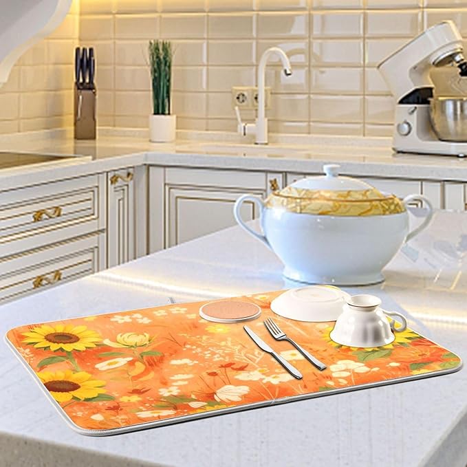 Large Dish Drying Mat Microfiber Drying Mat for Sink Kitchen Counter Yellow Sunflower Cornflower Poppy Absorbent Dish Rack Mat Drying Pad 18 x 24 Inches